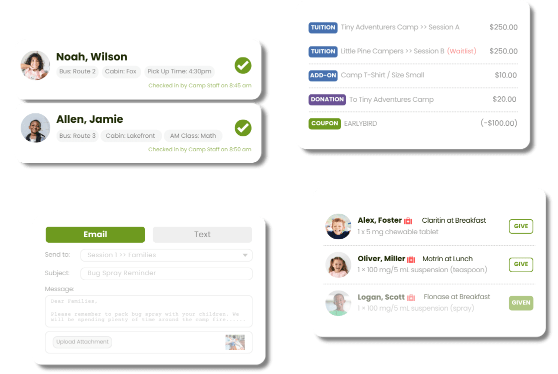 A user interface mockup of CampDoc’s camp management software and electronic health records system for camp admins, showcasing features such as allergies, immunizations, behavioral health, injury and incident tracking, and medication administration. The software is HIPAA, FERPA, and SOC 2 compliant, ensuring secure and efficient health management for summer camps and youth programs.