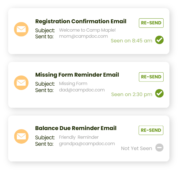 CampDoc UI mockup for auto-reminder emails, illustrating tracking delivery status and re-sending notifications for registration confirmations, missing forms, and balance dues.